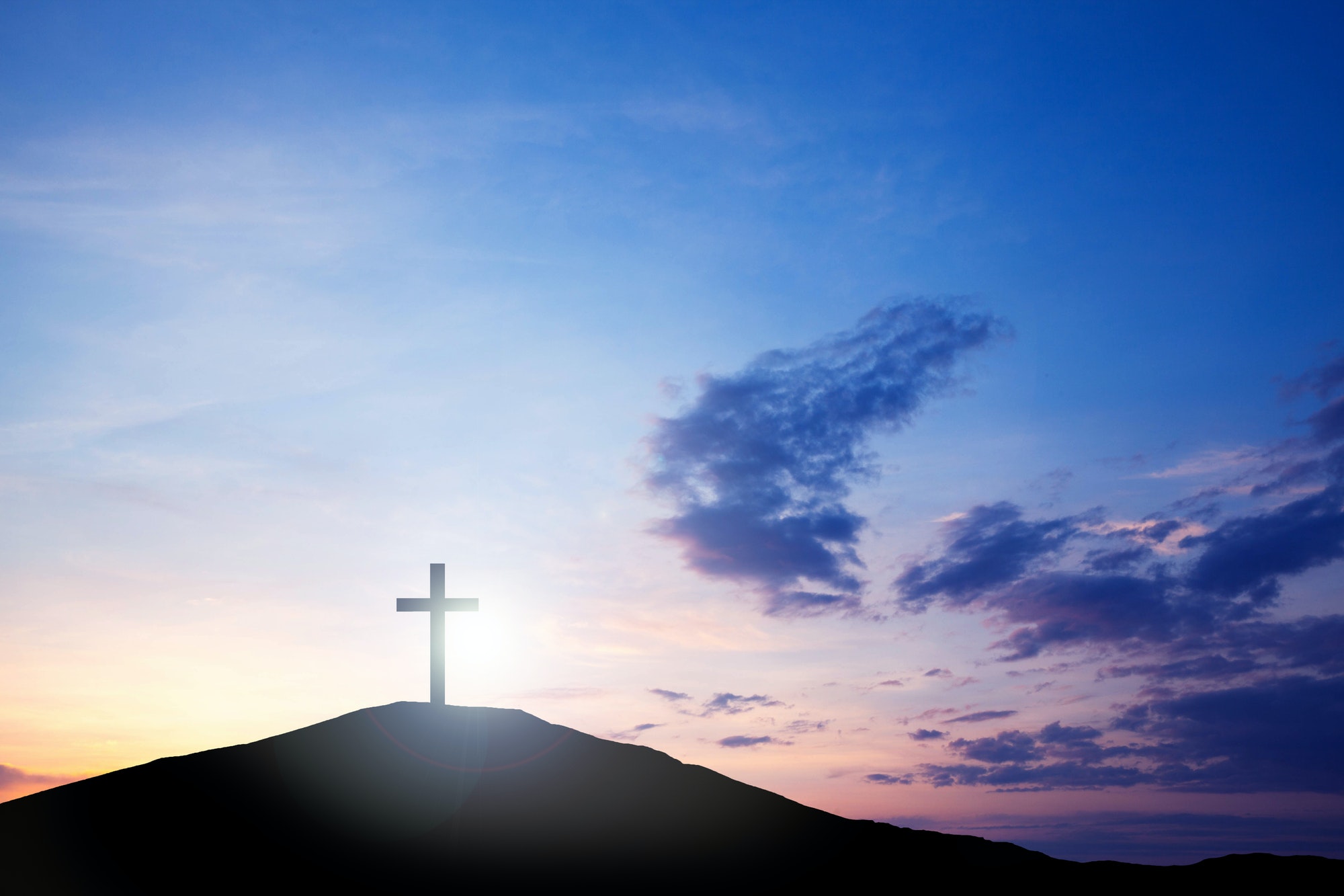 The cross on the hill, Jesus Christ from the Bible. Easter, Religion. Salvation of sins, sacrifice